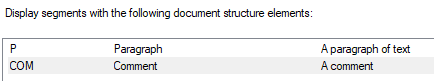 Screenshot of Advanced Display Filter 2.0 in Trados Studio showing document structure elements with 'Paragraph' and 'Comment' selected.