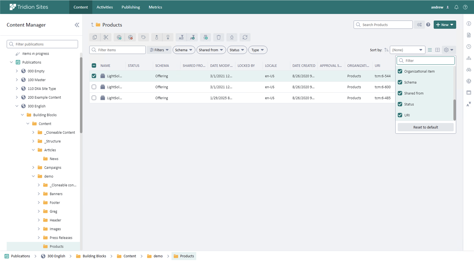 Screenshot of the Content Manager in Tridion Sites, displaying the Products section with three items listed under the schema 'Offering' and various columns like Name, Status, and Date Modified.