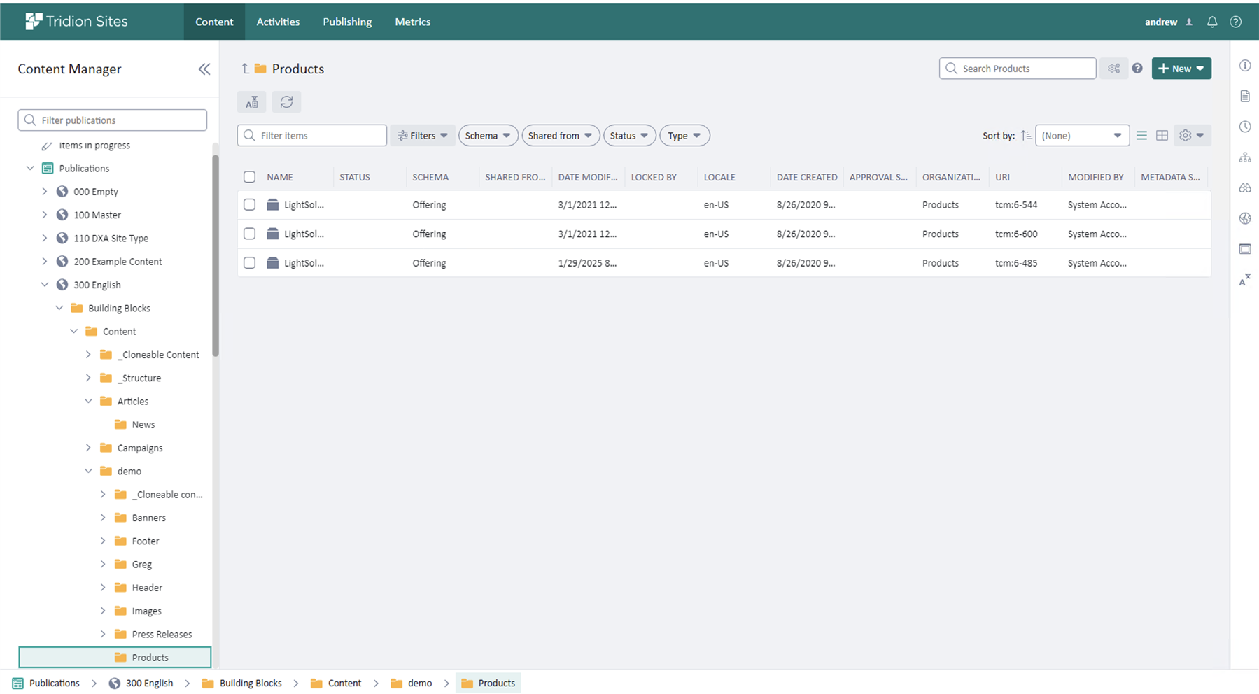 Screenshot of the Content Manager in Tridion Sites, showing the Products section with three items listed under the schema 'Offering' and columns like Name, Status, and Date Modified, without filters applied.