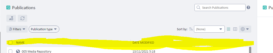 Screenshot of the Publications section showing a list with columns for Name and Date Modified, with one entry named '005 Media Repository' and a date of 13112021 5:18.