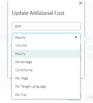 Dropdown menu for 'Update Additional Cost' with options: Hourly, Volume, Percentage, Conditional, Per Page, Per Target Language, Per File.