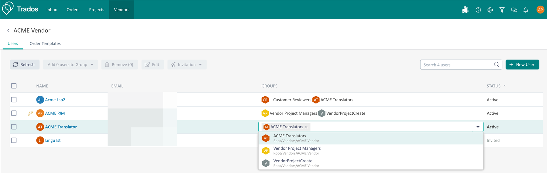 Trados Enterprise interface showing the ACME Vendor user management screen with a dropdown menu for assigning groups to the user ACME Translator.