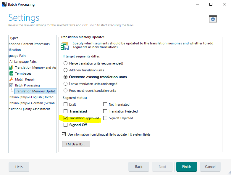 Batch Processing Settings window with 'Translation Memory Updates' section, 'Overwrite existing translation units' and 'Translation Approved' status selected.