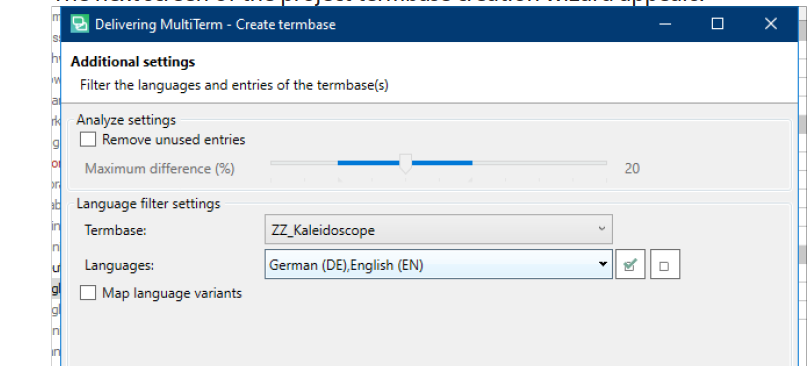 Screenshot of the 'Delivering MultiTerm - Create termbase' window showing additional settings for filtering languages and entries with options to remove unused entries and a language filter setting for 'ZZ_Kaleidoscope' termbase with German (DE) and English (EN) selected.