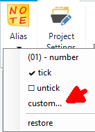 Screenshot of Trados Studio Ideas with the Alias function expanded showing options such as number, tick, untick, custom, and restore. A red arrow points to the custom option.