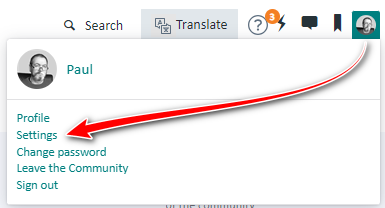 Dropdown menu under a user profile image with options including Profile, Settings, Change password, Leave the Community, and Sign out. A red arrow points to Settings.