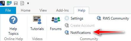 Screenshot of Trados Studio menu with an arrow pointing to 'Notifications' under the 'RWS Community' dropdown in the 'Help' tab.