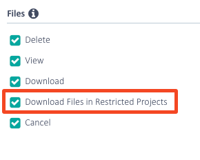 Screenshot of Trados Enterprise showing a list of file actions with 'Download Files in Restricted Projects' option highlighted indicating permission is granted.