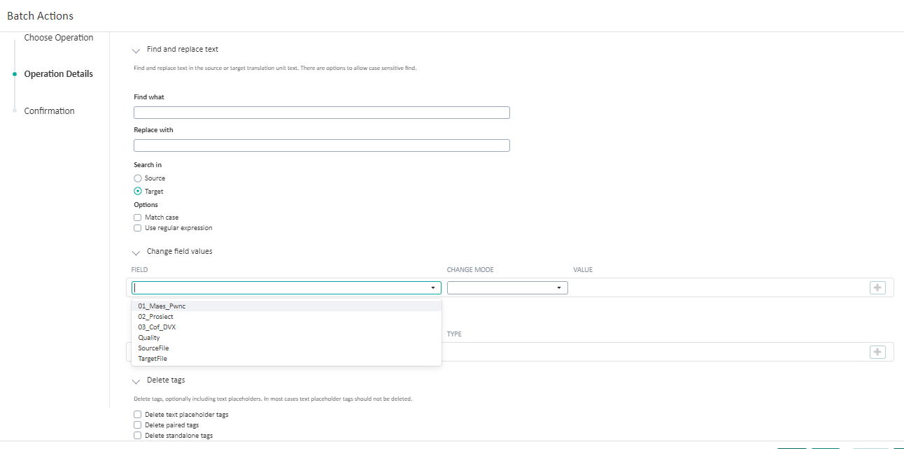 Screenshot of Trados Enterprise Batch Actions interface showing options for Find and replace text, Change field values, and Delete tags.