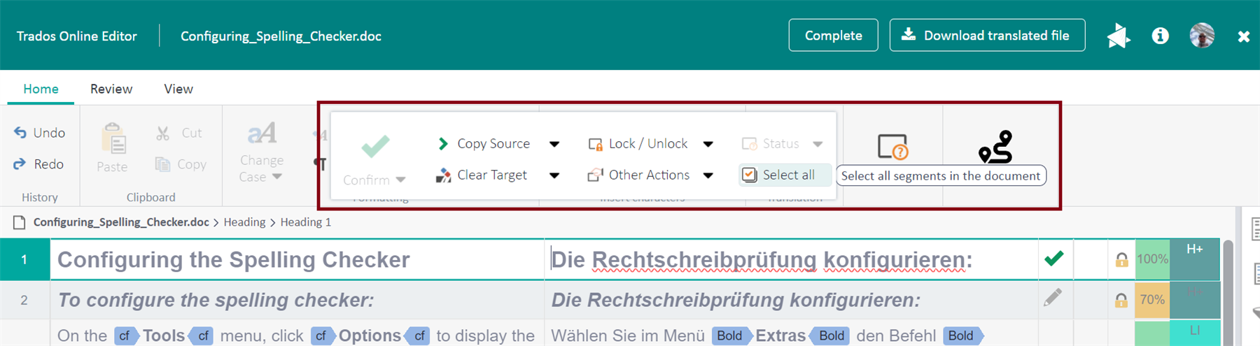 Screenshot of Trados Online Editor showing the 'Select all segments in the document' option highlighted in the toolbar, with a document titled 'Configuring_Spelling_Checker.doc' open.