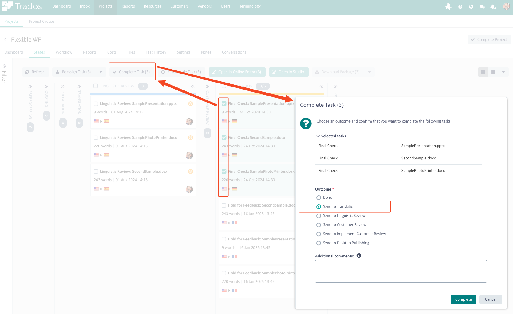 Trados Enterprise interface showing the 'Complete Task' dialog with three tasks selected for completion. The 'Outcome' section has 'Done' selected, with other options available.