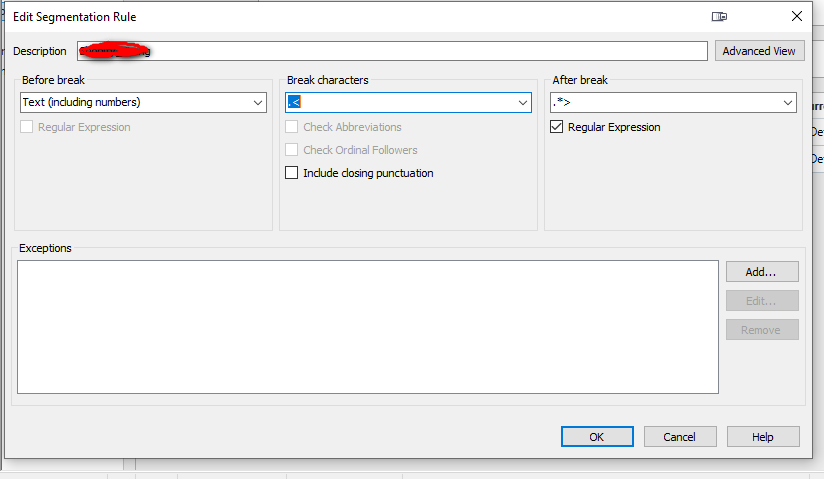 Edit Segmentation Rule window with fields for Description, Before break, Break characters, and After break. Regular Expression checkbox is selected under After break.