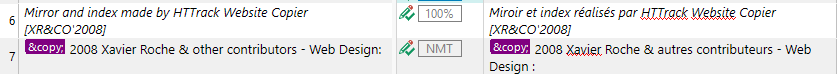 Screenshot showing two segments in Trados Studio Ideas. The top segment displays a 100% TM match with a green checkmark, and the bottom segment shows a post-edited Machine Translation with an NMT tag.