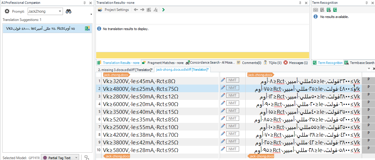 Screenshot of Trados Studio Ideas with AI Professional Companion pane showing a prompt by JackZhong and one translation suggestion. The main window displays a list of electrical parameters with their values in Arabic and corresponding translations in English. No translation results or fragment matches are visible. A message tab indicates one unread message.