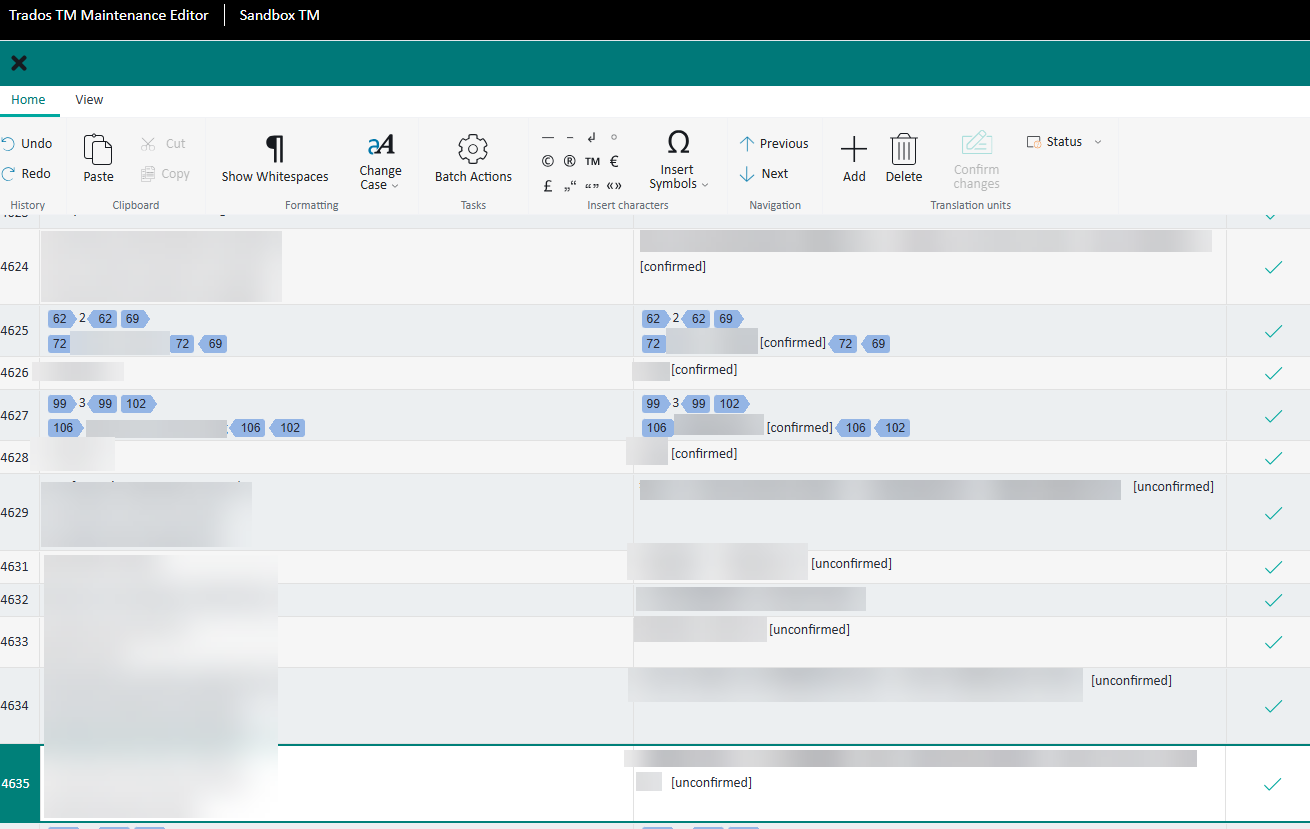 Screenshot of Trados TM Maintenance Editor showing segments with statuses marked as confirmed or unconfirmed, with visible segment numbers and toolbar options at the top.