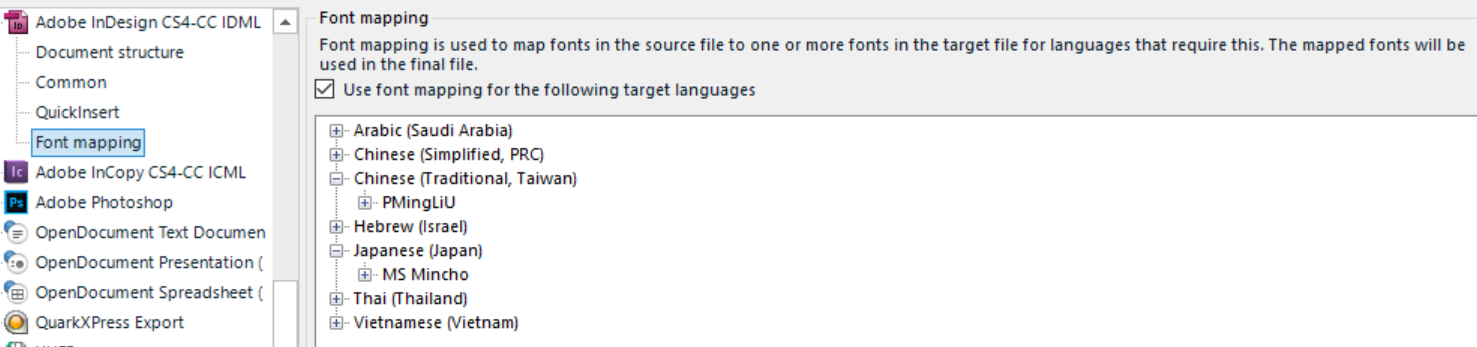 Trados Studio Ideas font mapping settings window showing options for Adobe InDesign with a list of target languages including Arabic, Chinese, Hebrew, Japanese, Thai, and Vietnamese.