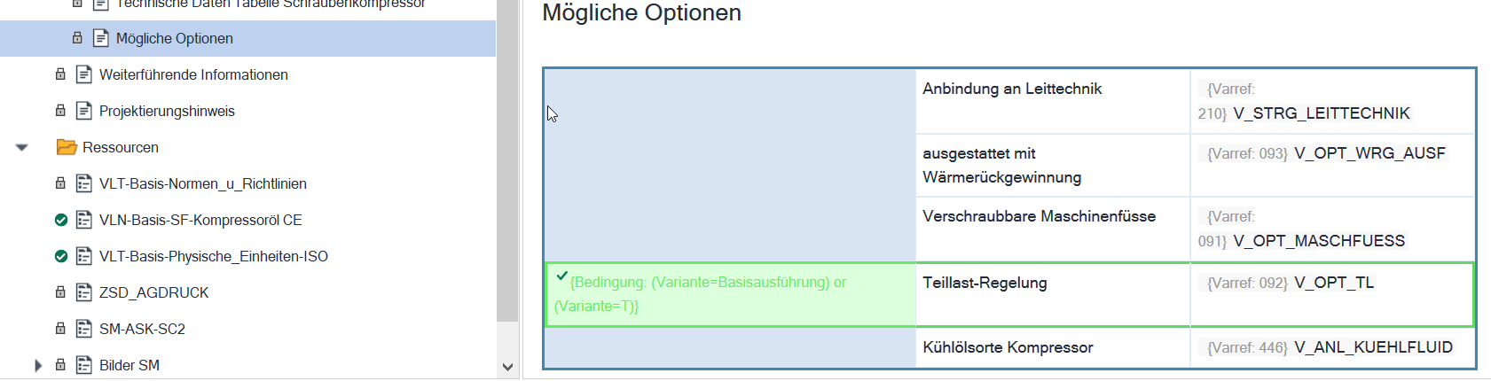 Detailed view of 'Mogliche Optionen' in Tridion Docs Map Editing mode displaying conditions inside the topic with green checkmarks and variable references.