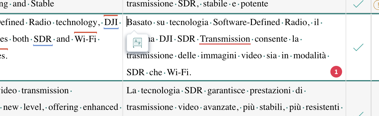 Screenshot of Trados Enterprise interface showing text comparison with a pop-up window partially obscuring the view. A red error notification icon is visible in the bottom right.