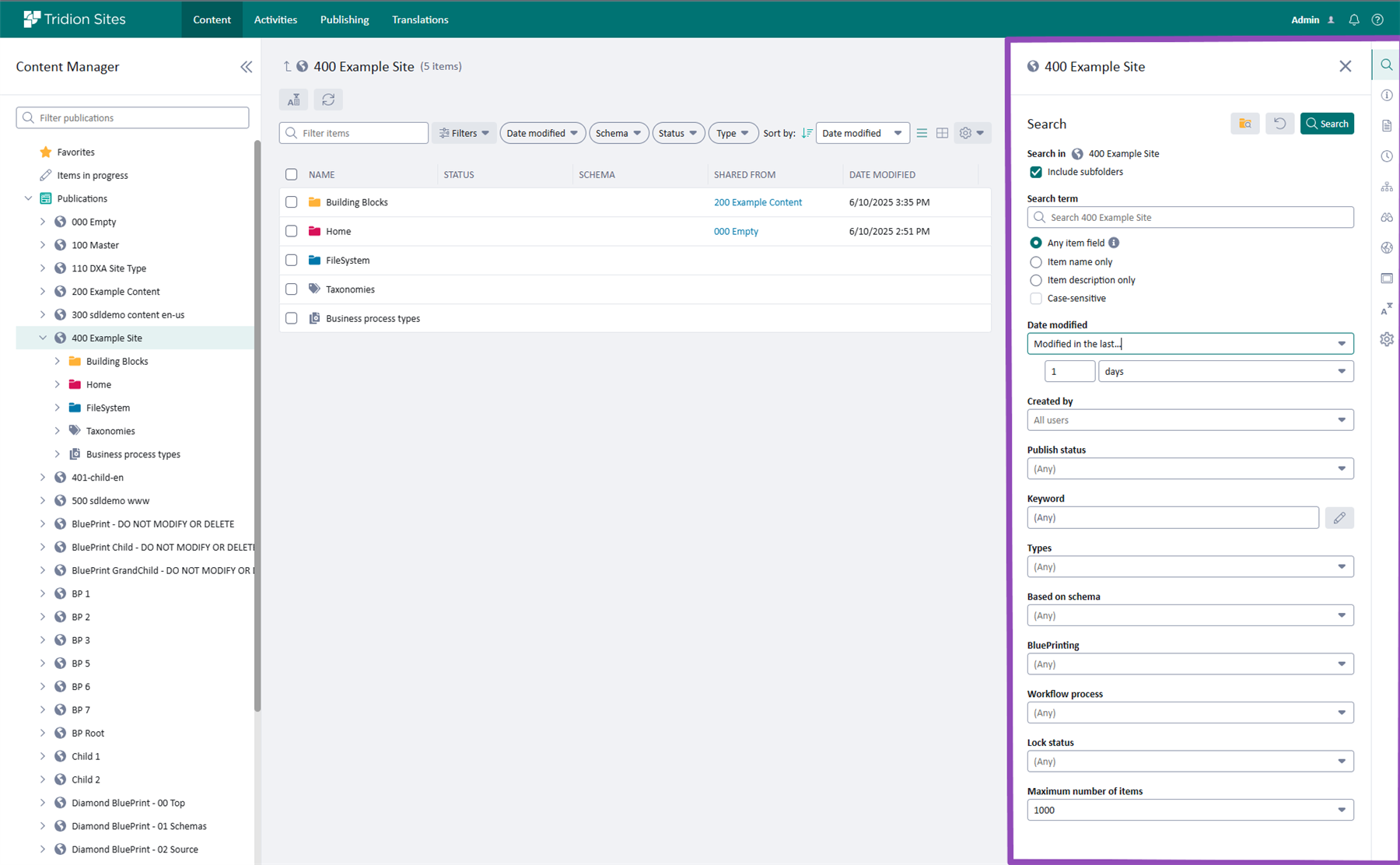 Advanced search panel in Tridion Sites Experience Space