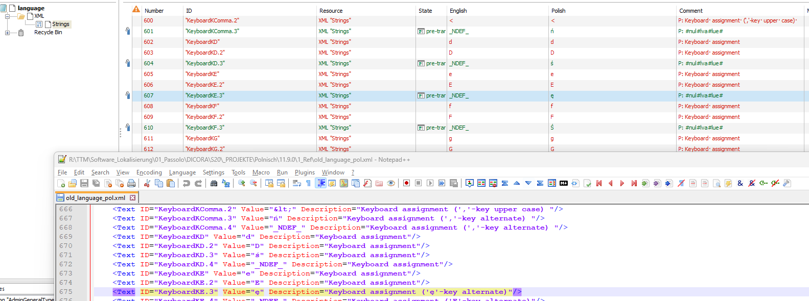 Screenshot of Trados Studio software showing an XML file with English source strings and their corresponding Polish translations for keyboard labels. Some strings have pre-translation comments indicating the need for alternate Polish characters for certain keys.