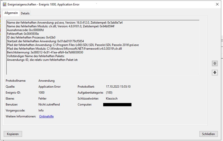 Screenshot of an application error dialog from Windows Event Viewer showing details of a crash involving psl.exe from SDL Passolo 2016 and clr.dll from .NET Framework.