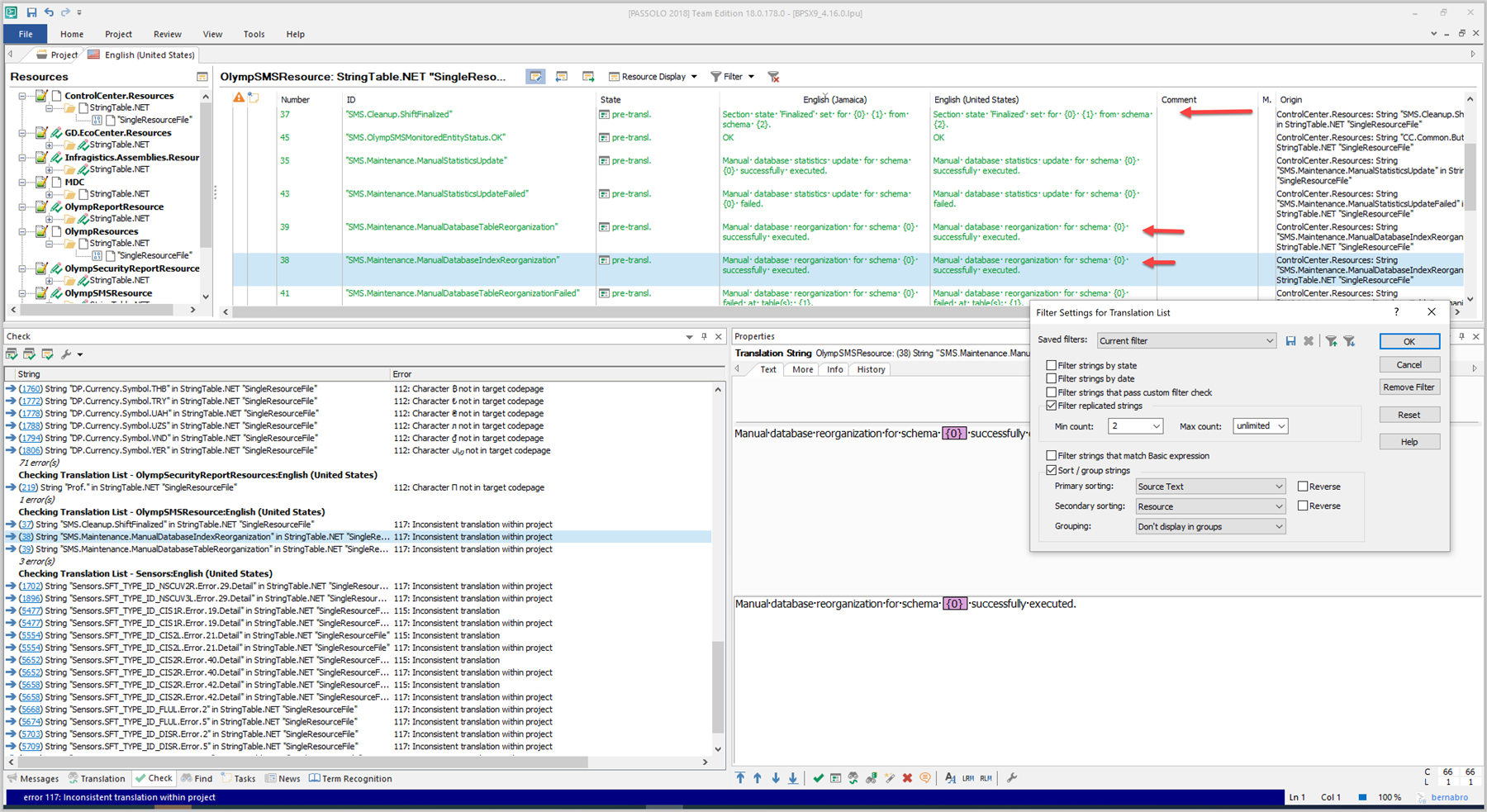 Screenshot of Trados Studio showing a list of strings with error messages related to target codepage and inconsistent translation within project.