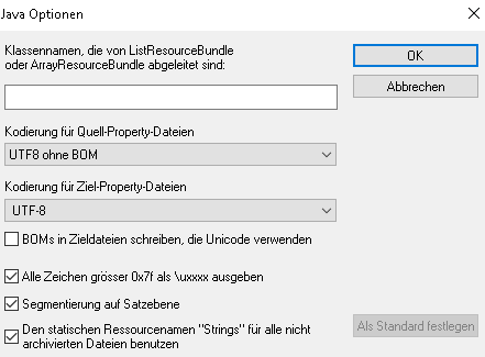 Java Options dialog in Trados Studio with 'UTF8 without BOM' selected for Source Property-Data files.