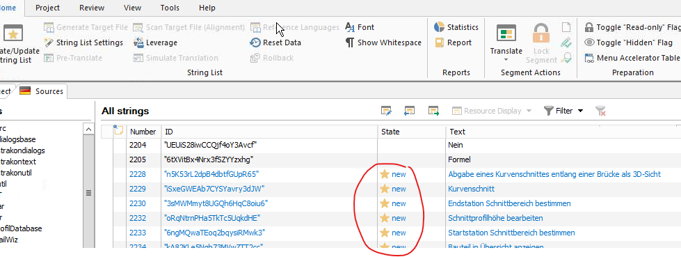 Trados Studio interface showing a list of source strings with their status marked as 'new' highlighted in red.