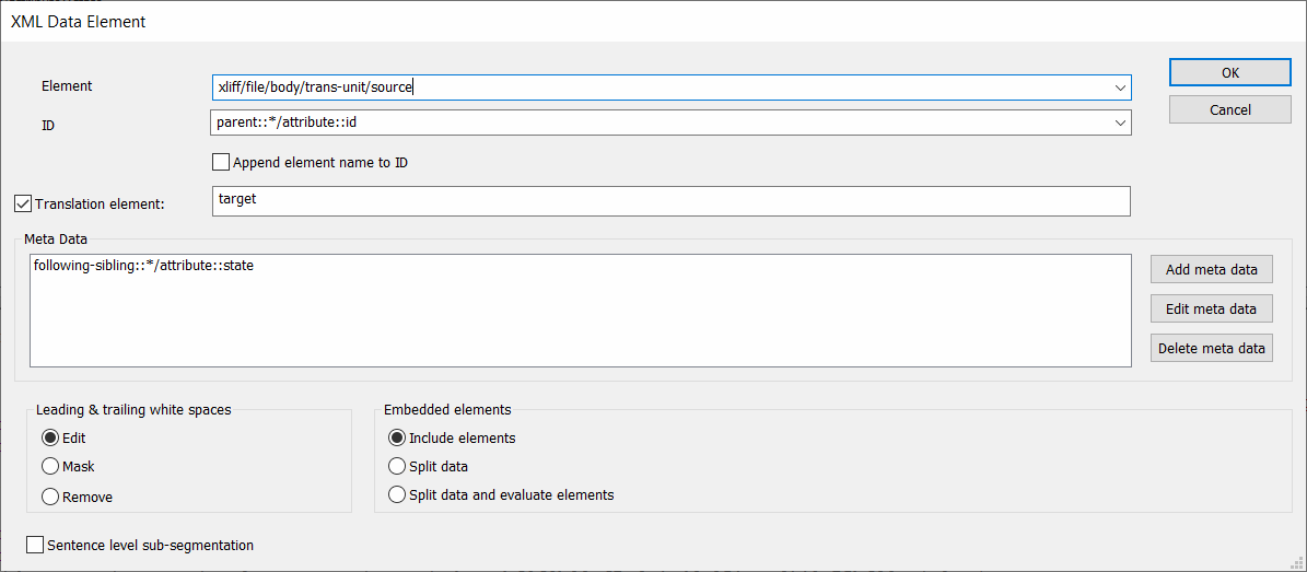 Trados Studio XML Data Element configuration window showing Element field with 'xlfifffilebodytrans-unitsource' and Meta Data field with 'following-sibling::#attribute::state'.