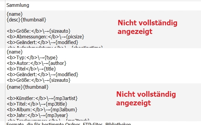 Screenshot of a software interface with text fields and labels, some marked as 'Nicht vollstandig angezeigt' indicating incomplete display of text.