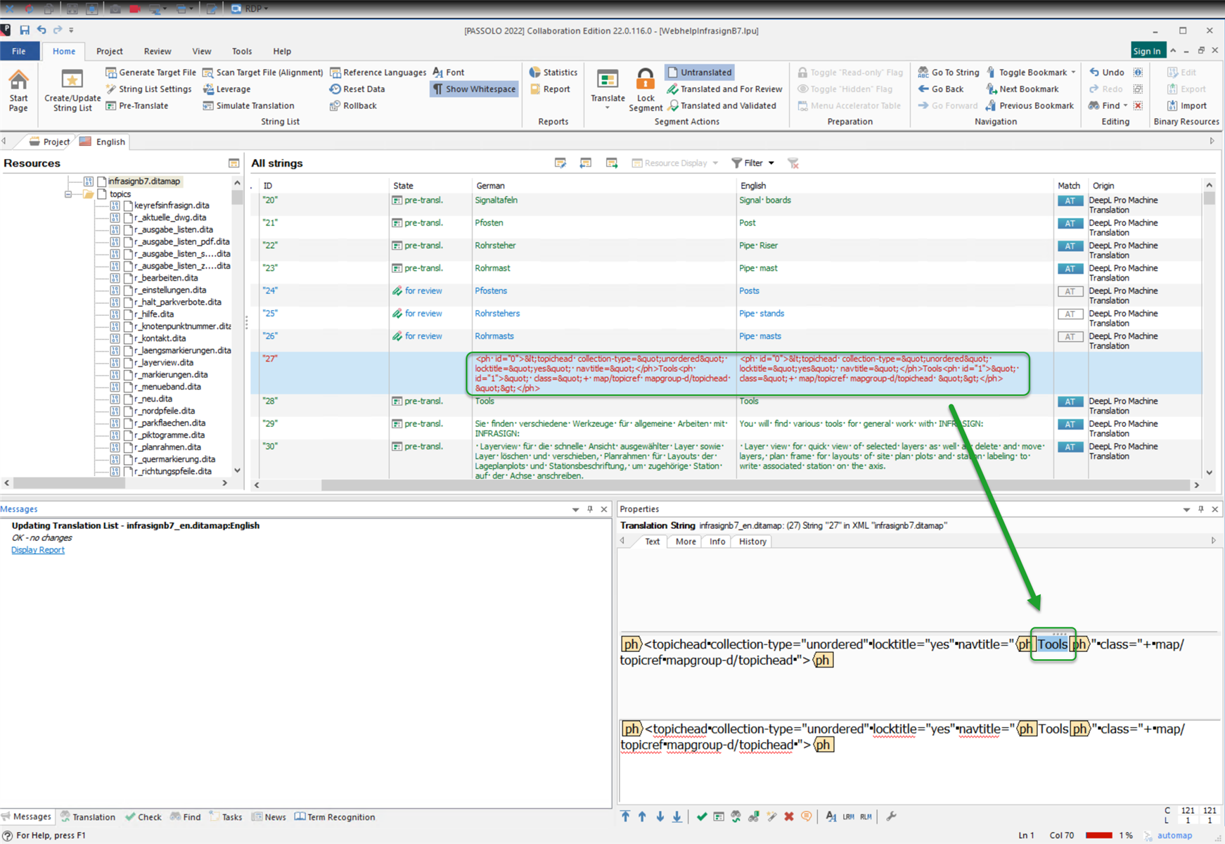 Trados Studio interface showing a list of resources and strings with their state and language pair. No visible errors or warnings.