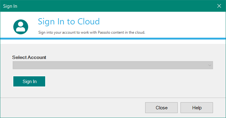 Sign In to Cloud window in Trados Studio with an empty 'Select Account' dropdown and a 'Sign In' button, indicating no accounts are available to select.