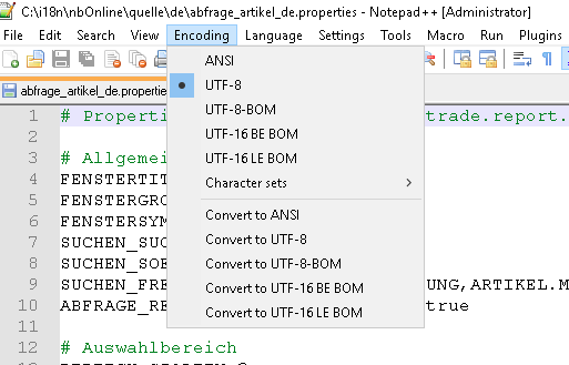 Notepad++ screenshot showing 'abfrage_artikel_de.properties' file with encoding set to ANSI instead of UTF-8.