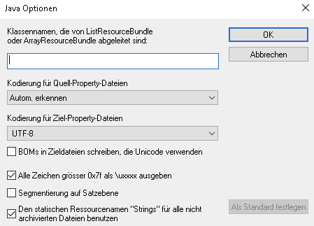 Java Options dialog box with 'Kodierung fuer Ziel-Property-Dateien' set to 'UTF-8' without an option for BOM.