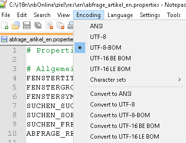 Notepad++ screenshot showing 'abfrage_artikel_en.properties' file with encoding set to UTF-8 BOM instead of UTF-8.