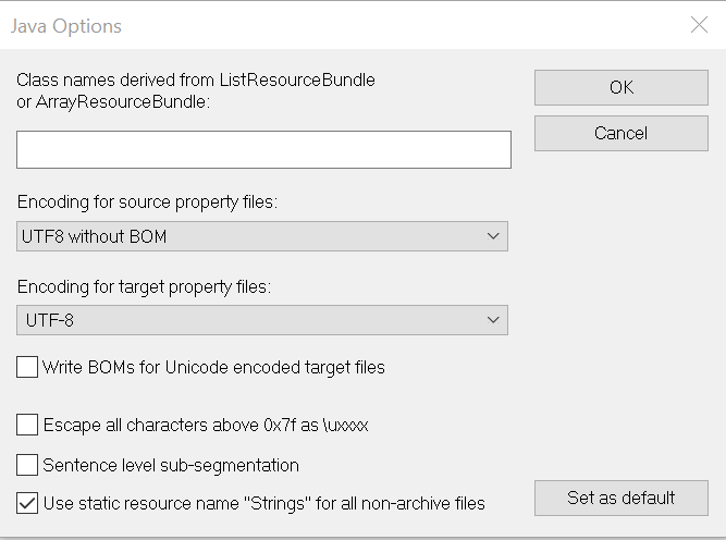 Trados Studio Java Options dialog box showing Encoding for source property files set to UTF8 without BOM and Encoding for target property files set to UTF-8.