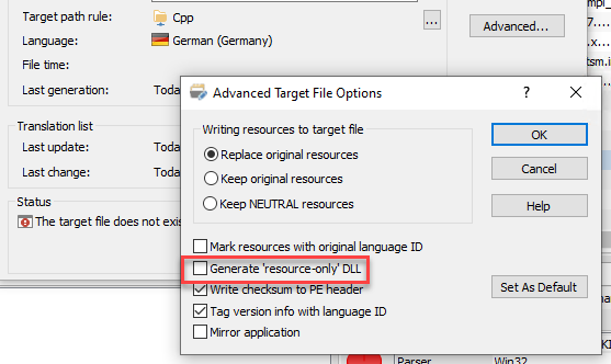 Advanced Target File Options dialog box in Trados Studio with 'Generate 'resource-only' DLL' option checked but not saving the setting.