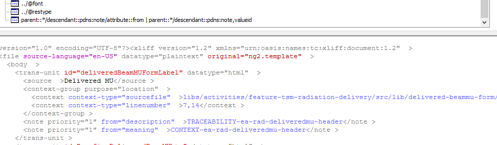 Screenshot of Trados Studio XML editor showing a trans-unit element with id 'confirmDeliveredBeamMUbtn'. Two note elements are visible, one with priority '1' from 'description' and another with priority '1' from 'meaning'. Both notes are highlighted in blue.