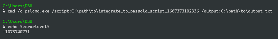 Command prompt showing execution of Passolo script with output directed to a text file, followed by an error level echo command displaying a negative number.