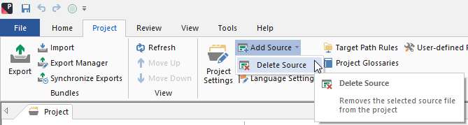 Trados Studio interface showing the Project ribbon with the Delete Source function highlighted, indicating the removal of the selected source file.