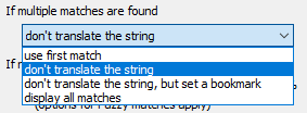 Dropdown menu in Trados Studio with options for handling multiple matches during Pre-Translate, including 'use first match'.