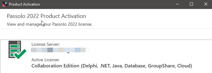 Screenshot of Passolo 2022 Product Activation window showing a green checkmark indicating an active license for Collaboration Edition including Delphi, .NET, Java, Database, GroupShare, and Cloud.