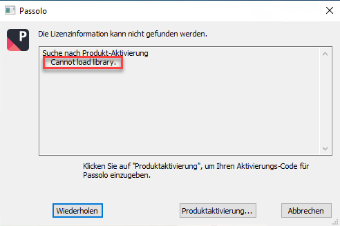 Error message in Passolo software stating 'Die Lizenzinformation kann nicht gefunden werden.' and 'Cannot load library.' with options to retry, activate, or cancel.