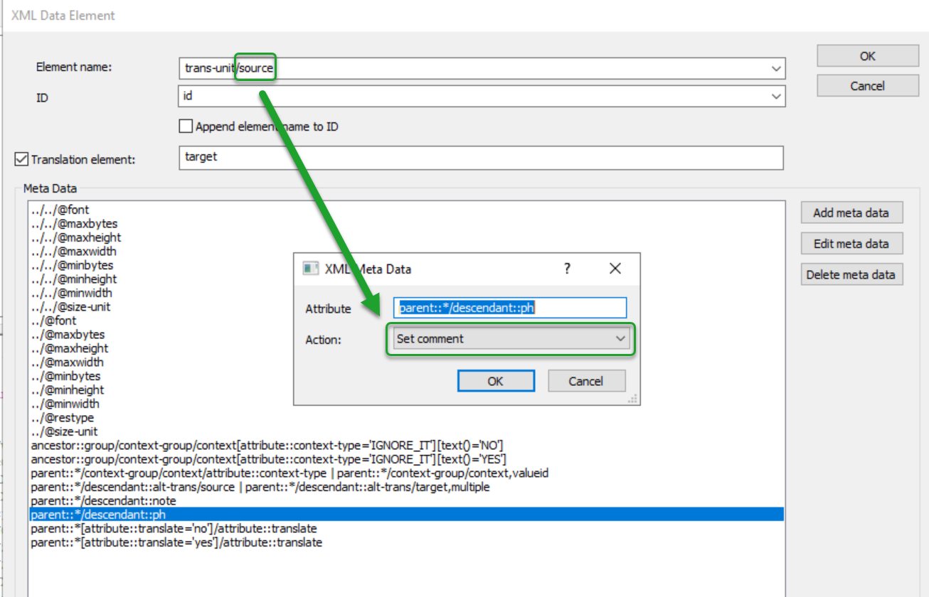 Trados Studio XML Data Element window showing an attempt to set a comment action for elements with attribute descendant::ph.