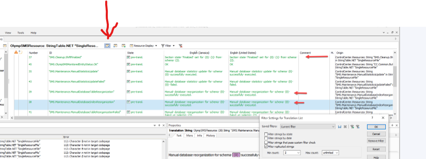 Screenshot of Trados Studio with a red arrow pointing to a toggle button labeled 'Manual database reorganization for schema TBX successfully executed.'