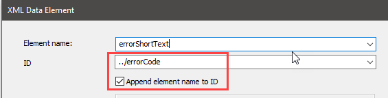 Trados Studio XML Data Element settings showing 'Element name' field filled with 'errorShortText' and 'ID' field containing '..errorCode' with a red outline indicating an error.