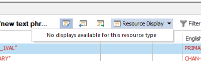 Screenshot of Passolo 2018 showing a toolbar with various icons and a dropdown menu labeled 'Resource Display' with a message 'No displays available for this resource type'.