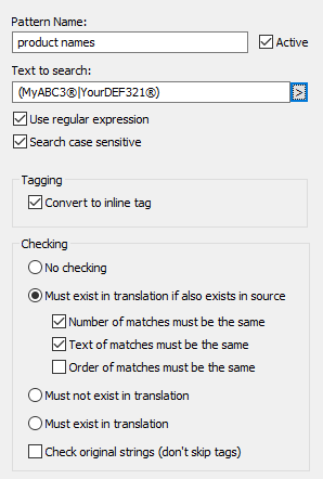 Trados Studio Inline Pattern function window with 'product names' pattern active. Text to search field contains '(MyABC3@YourDEF321@)'. Options for 'Use regular expression', 'Search case sensitive', 'Convert to inline tag', and various checking rules are displayed.