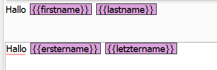 Screenshot of Trados Studio showing two lines of text. The first line reads 'Hallo firstname lastname' with placeholders highlighted. The second line reads 'Hallo erstername letzername' with a red wavy underline indicating an error.