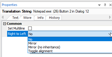 Trados Studio Properties dialog showing Translation String for Notepad.exe with options for Right to Left text alignment including No, Mirror, Mirror (no inheritance), and Toggle alignment.